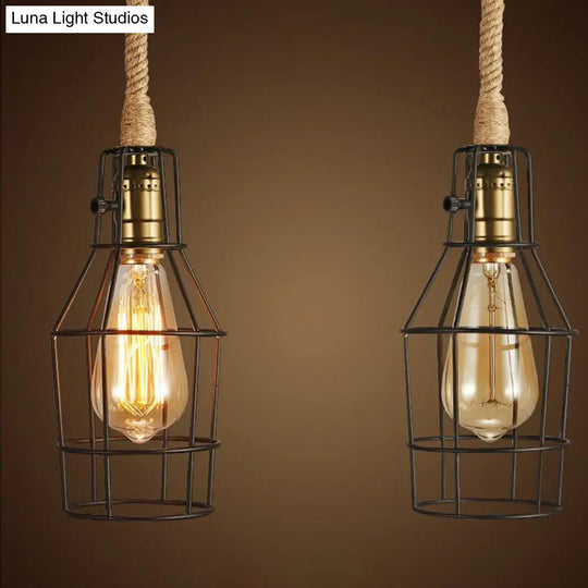 Industrial Dining Room Pendant Light - Metal Wire Cage Warehouse Design With Rope Cord 1-Head In