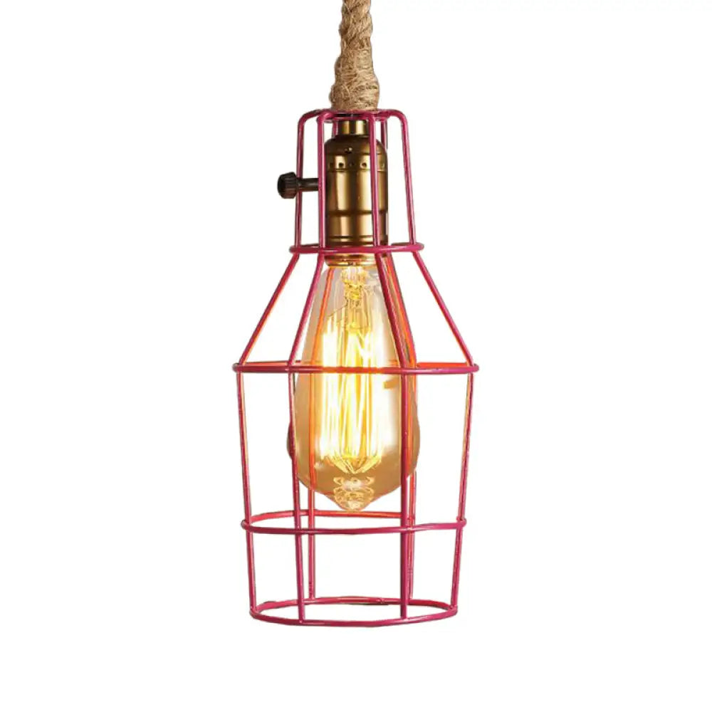 Metallic 1-Head Black/White/Pink Wire Cage Pendant Light For Dining Room With Rope Cord Pink