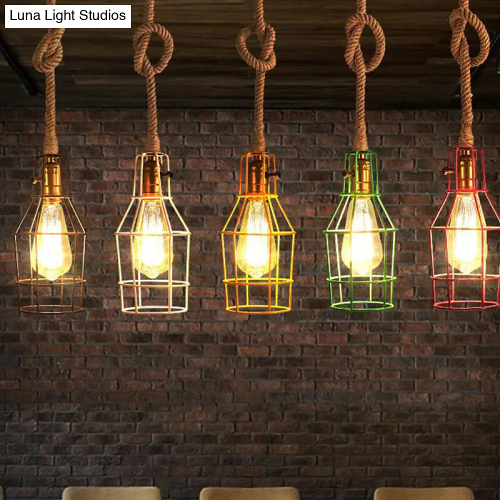 Industrial Dining Room Pendant Light - Metal Wire Cage Warehouse Design With Rope Cord 1-Head In