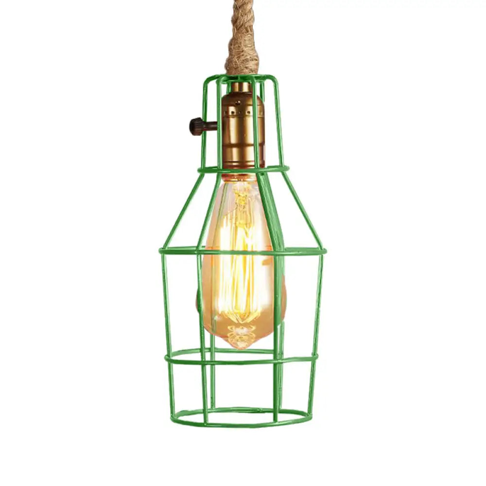 Metallic 1-Head Black/White/Pink Wire Cage Pendant Light For Dining Room With Rope Cord Green