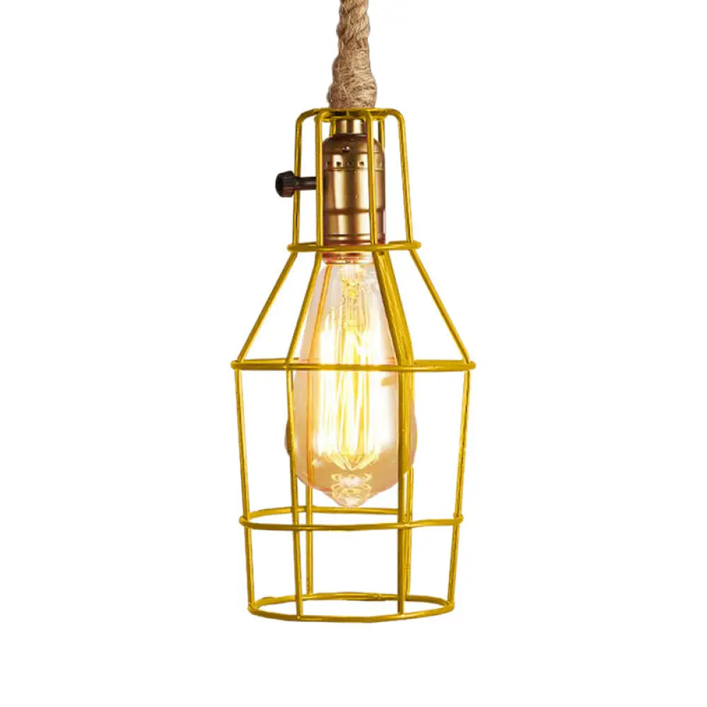 Metallic 1-Head Black/White/Pink Wire Cage Pendant Light For Dining Room With Rope Cord Yellow