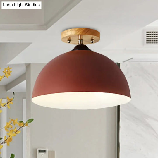 Metallic 1 Head Semi Flush Ceiling Light In Red/Pink/White/Gray For Bedroom - 12 Wide