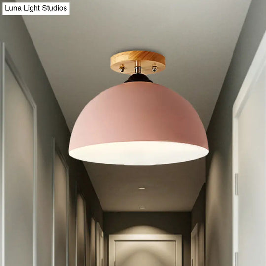 Metallic 1 Head Semi Flush Ceiling Light In Red/Pink/White/Gray For Bedroom - 12 Wide