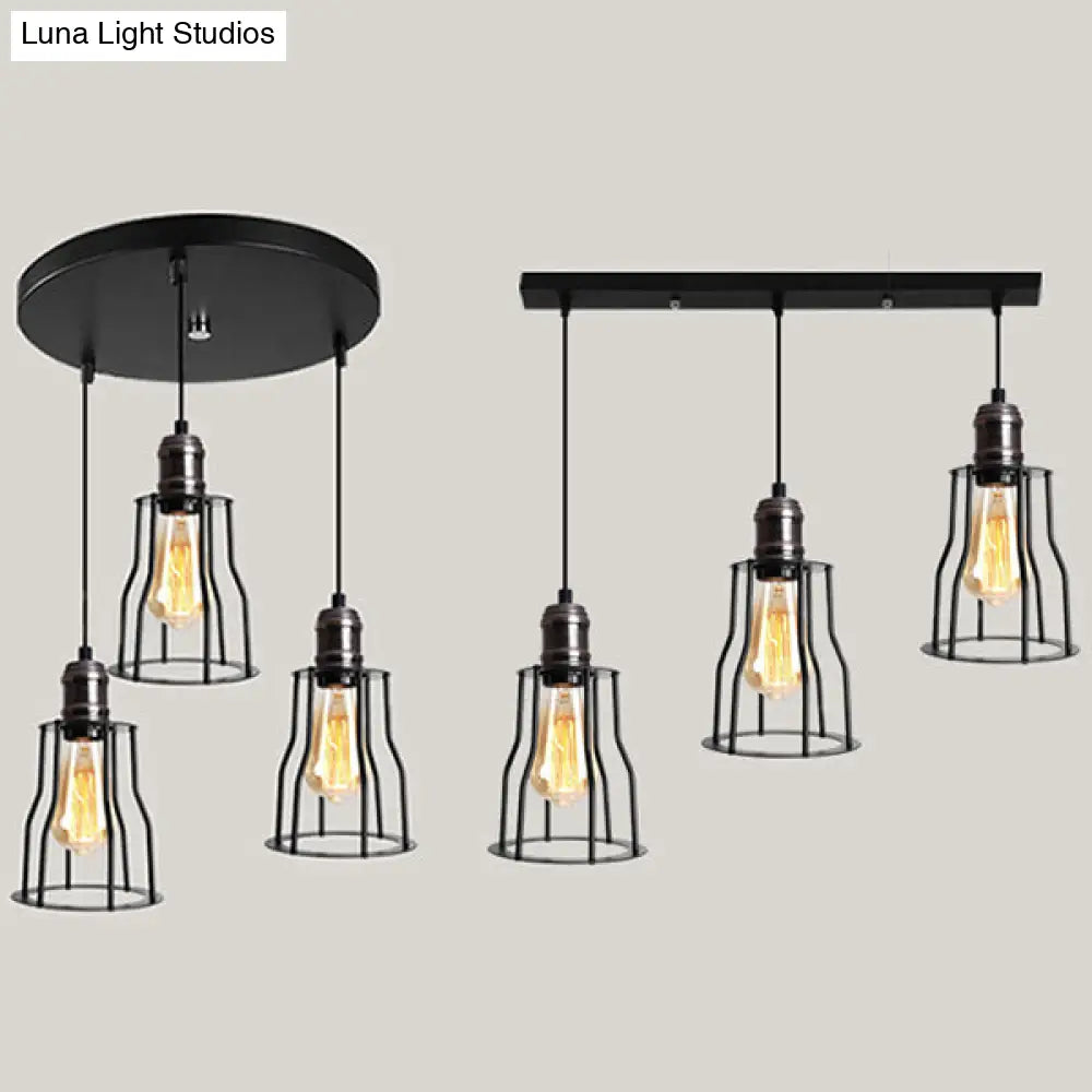 Industrial Caged Pendant Light With 3-Light Cylindrical Shade - Metallic Black Hanging Fixture
