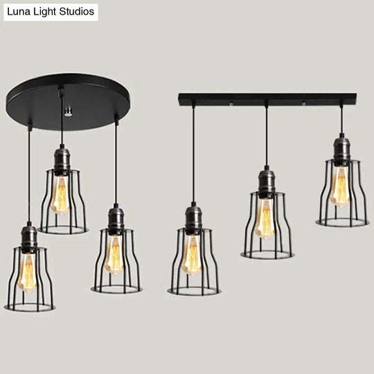 Industrial Caged Pendant Light With 3-Light Cylindrical Shade - Metallic Black Hanging Fixture