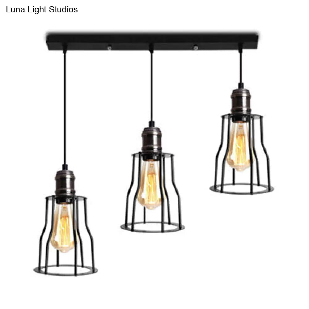 Industrial Caged Pendant Light With 3-Light Cylindrical Shade - Metallic Black Hanging Fixture /