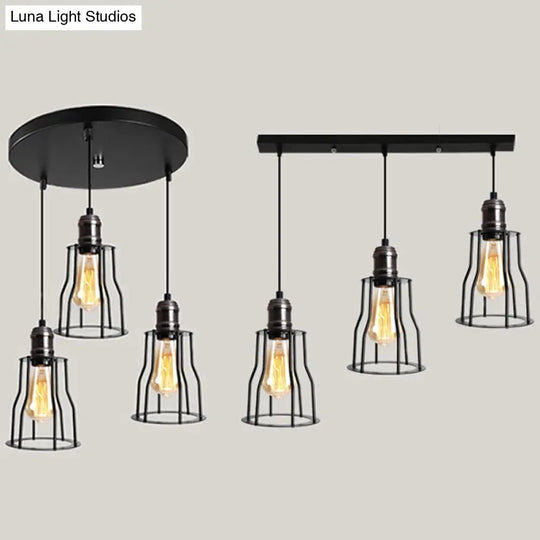 Metallic 3-Light Caged Pendant Fixture With Cylinder Shade For Industrial Settings