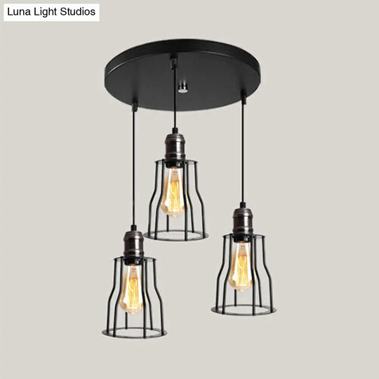 Industrial Caged Pendant Light With 3-Light Cylindrical Shade - Metallic Black Hanging Fixture /