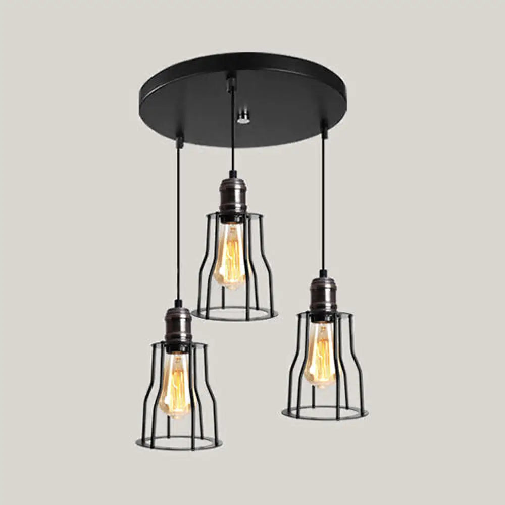 Metallic 3-Light Caged Pendant Fixture With Cylinder Shade For Industrial Settings Black / Round