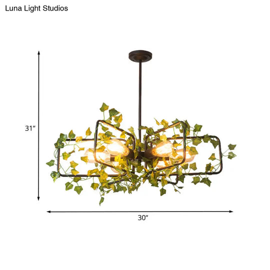 Farm Style Hanging Chandelier With 6 Metallic Lights And Green Plant Deco - Black Round/Rectangle