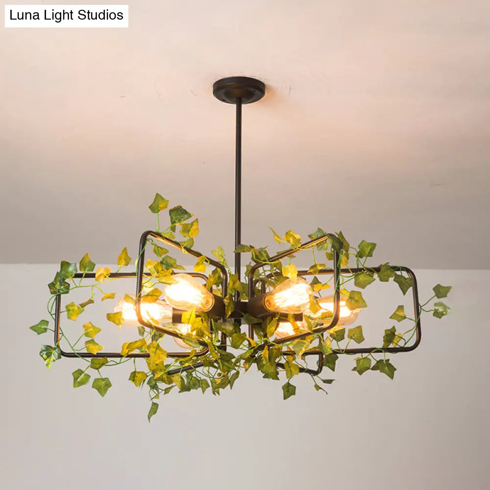 Metallic 6-Light Chandelier With Green Plant Deco For Farm Style Dining Room