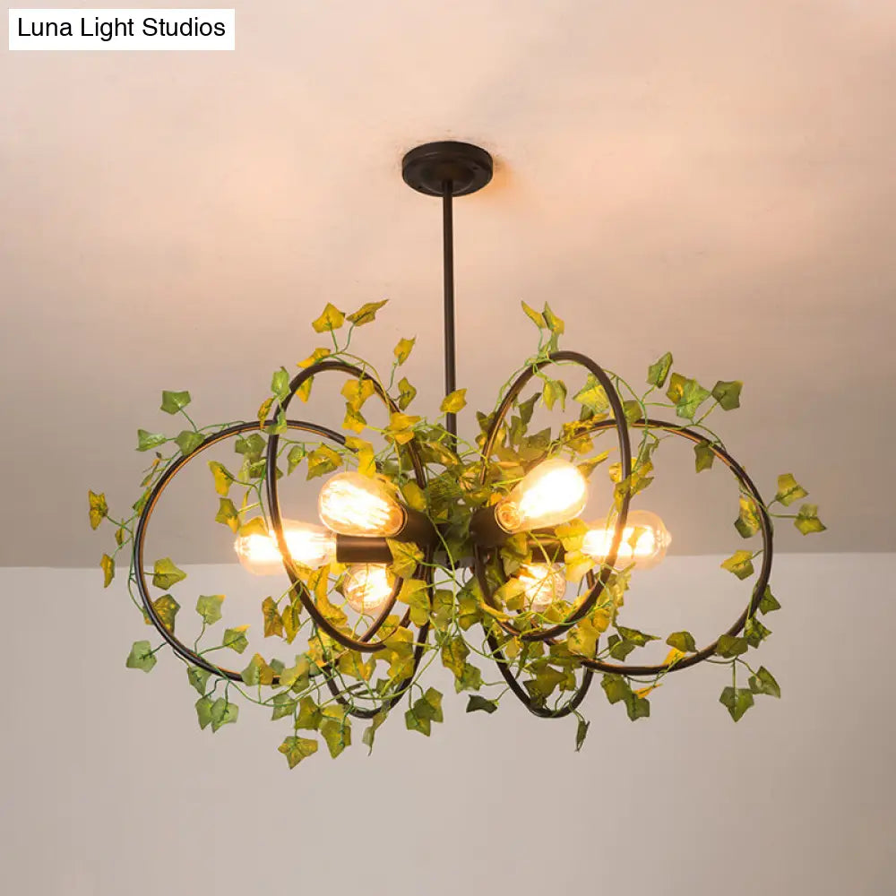 Farm Style Hanging Chandelier With 6 Metallic Lights And Green Plant Deco - Black Round/Rectangle