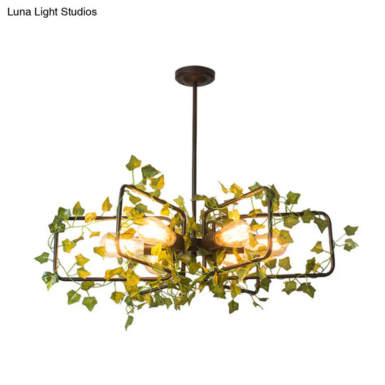 Metallic 6-Light Chandelier With Green Plant Deco For Farm Style Dining Room