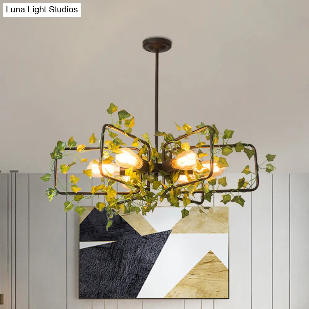 Farm Style Hanging Chandelier With 6 Metallic Lights And Green Plant Deco - Black Round/Rectangle