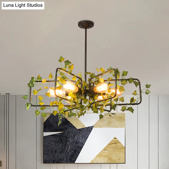 Farm Style Hanging Chandelier With 6 Metallic Lights And Green Plant Deco - Black Round/Rectangle