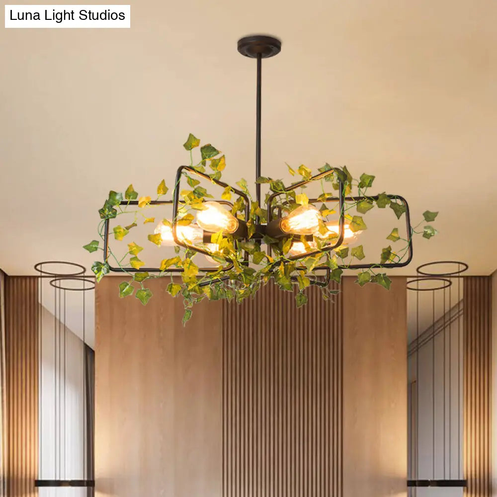 Farm Style Hanging Chandelier With 6 Metallic Lights And Green Plant Deco - Black Round/Rectangle