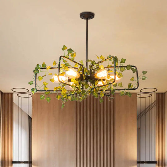 Metallic 6-Light Chandelier With Green Plant Deco For Farm Style Dining Room Black / Rectangle