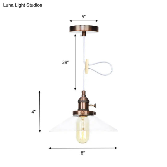 Farmhouse Style Cone Pendant Lamp: Metallic & Clear Glass Height-Adjustable Ceiling Light