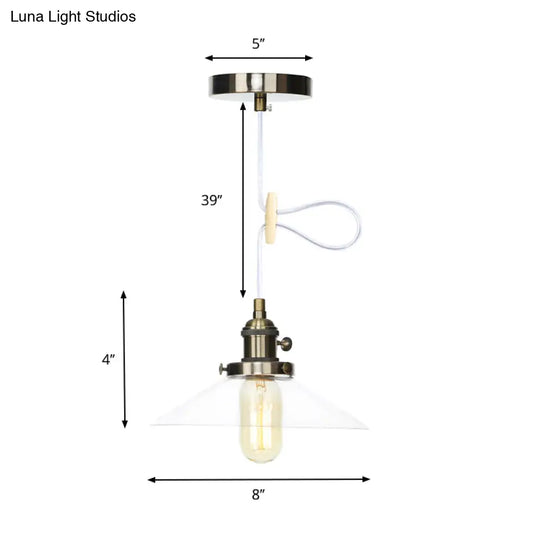 Farmhouse Style Cone Pendant Lamp: Metallic & Clear Glass Height-Adjustable Ceiling Light