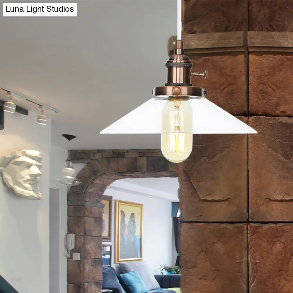 Farmhouse Style Cone Pendant Lamp: Metallic & Clear Glass Height-Adjustable Ceiling Light