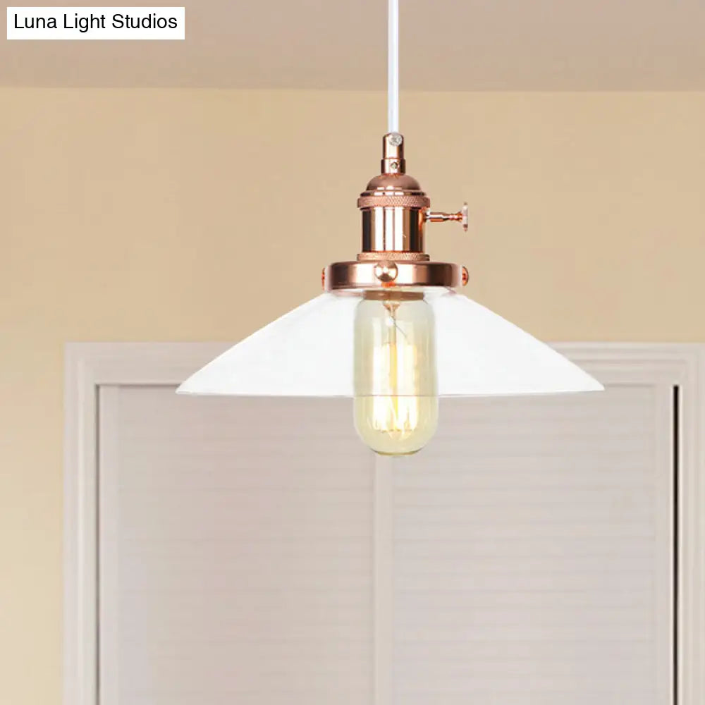 Farmhouse Style Cone Pendant Lamp: Metallic & Clear Glass Height-Adjustable Ceiling Light Rose Gold