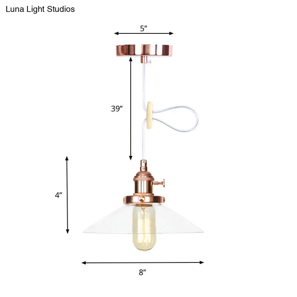 Farmhouse Style Cone Pendant Lamp: Metallic & Clear Glass Height-Adjustable Ceiling Light