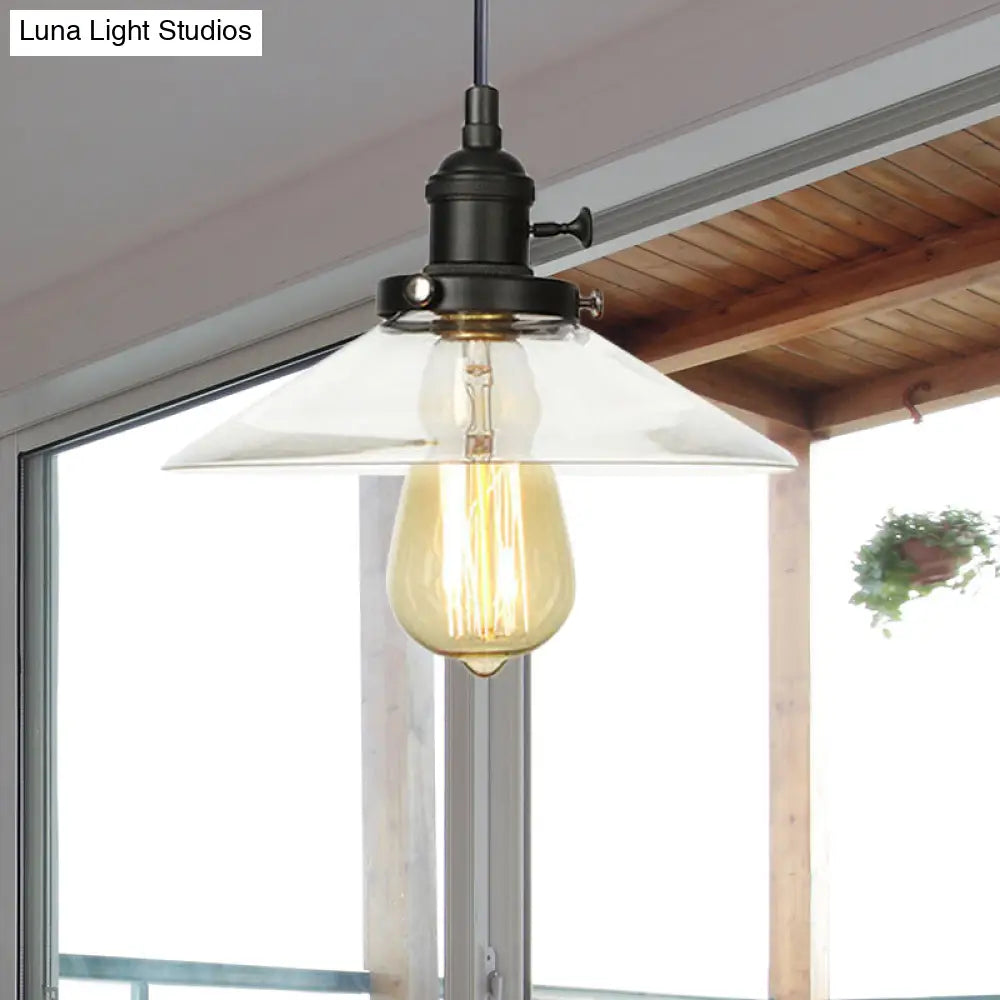 Farmhouse Style Cone Pendant Lamp: Metallic & Clear Glass Height-Adjustable Ceiling Light