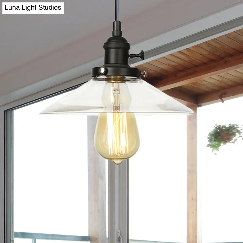 Metallic And Clear Glass Farmhouse Cone Pendant Lamp - Adjustable Height Ceiling Light