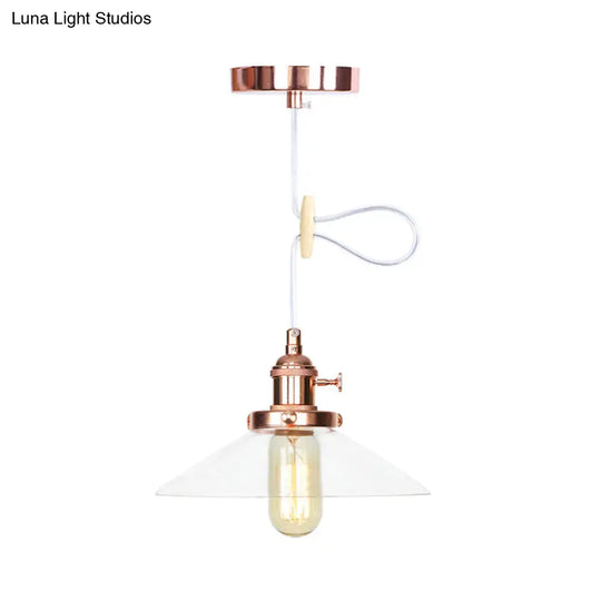 Metallic And Clear Glass Farmhouse Cone Pendant Lamp - Adjustable Height Ceiling Light