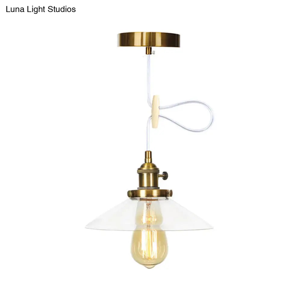 Farmhouse Style Cone Pendant Lamp: Metallic & Clear Glass Height-Adjustable Ceiling Light