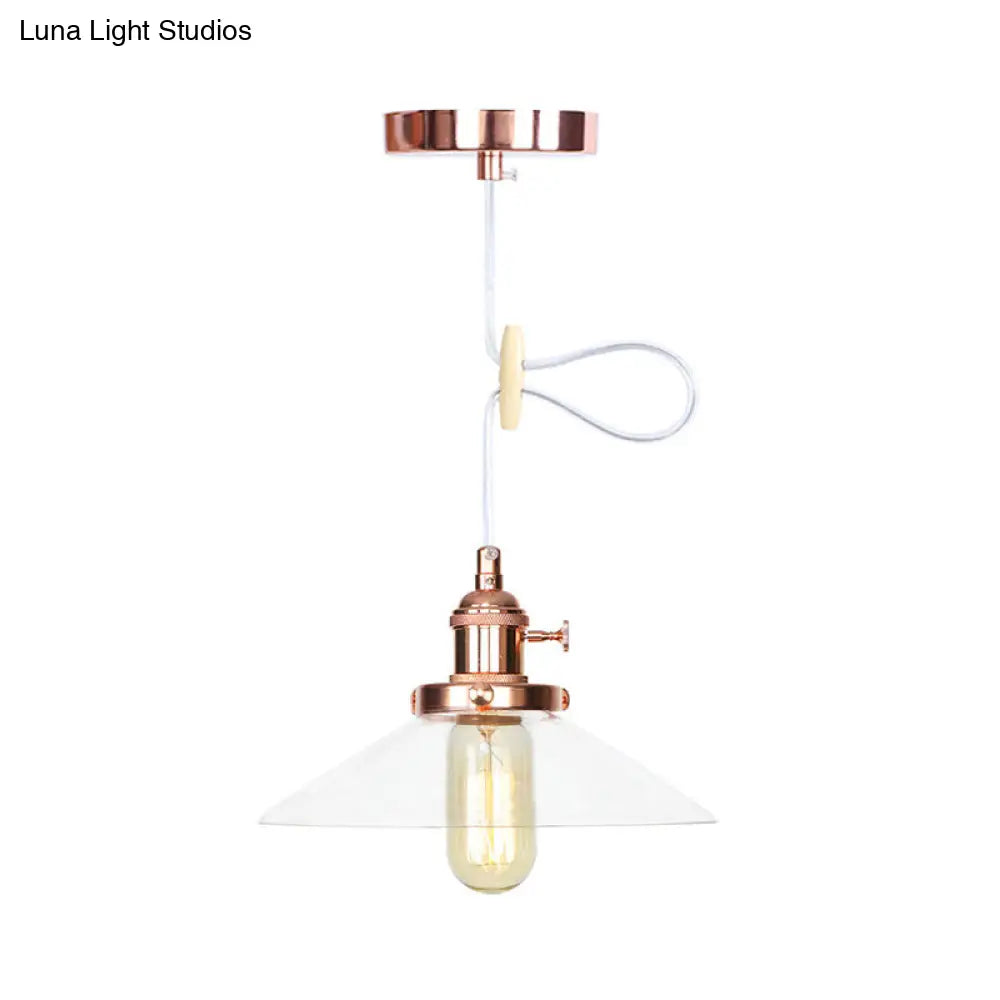 Farmhouse Style Cone Pendant Lamp: Metallic & Clear Glass Height-Adjustable Ceiling Light