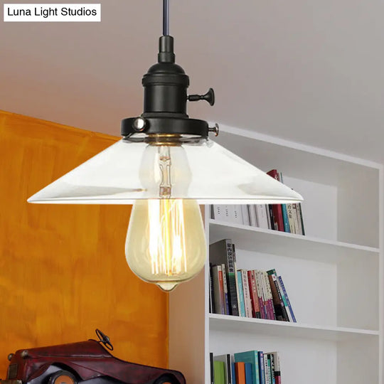 Farmhouse Style Cone Pendant Lamp: Metallic & Clear Glass Height-Adjustable Ceiling Light Black