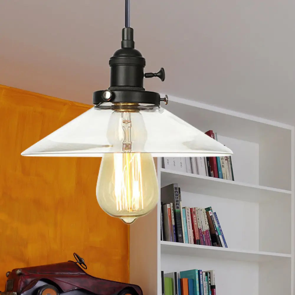 Metallic And Clear Glass Farmhouse Cone Pendant Lamp - Adjustable Height Ceiling Light Black