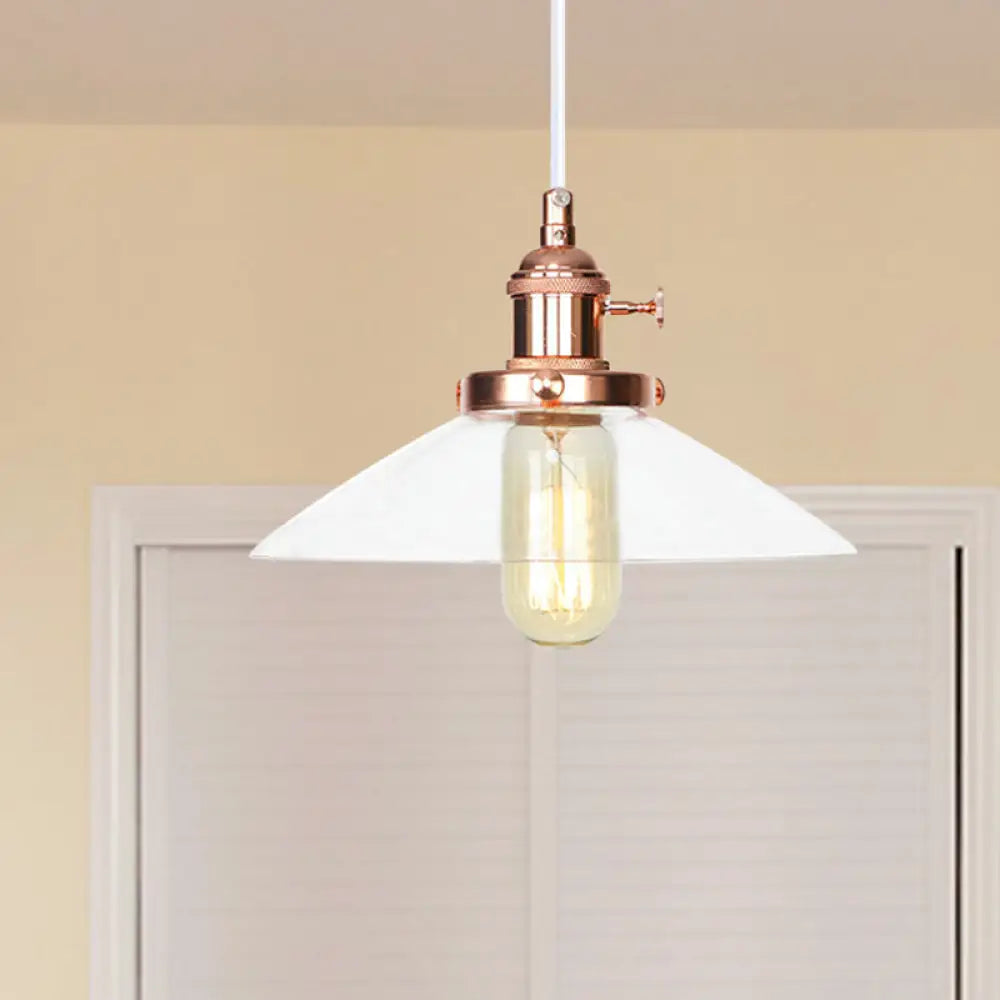 Metallic And Clear Glass Farmhouse Cone Pendant Lamp - Adjustable Height Ceiling Light Rose Gold