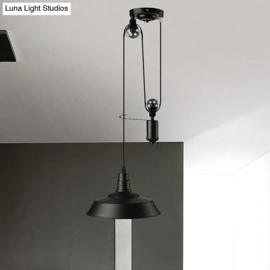 Farmhouse Pulley Pendant Light With Barn Shade - 1 Bulb Metallic Hanging Lamp In Black