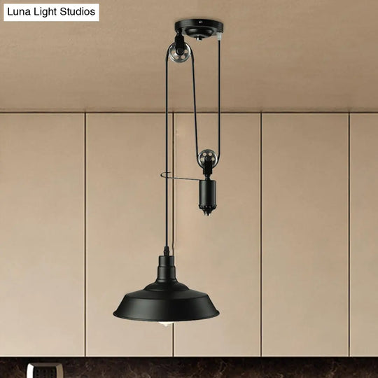 Farmhouse Pulley Pendant Light With Barn Shade - 1 Bulb Metallic Hanging Lamp In Black