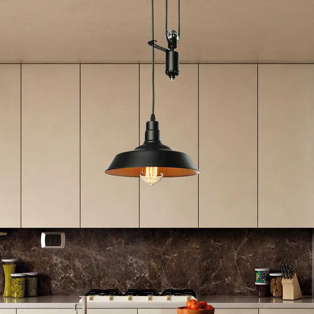 Metallic Barn Shade Pendant Light With Pulley - Perfect For Your Rustic Farmhouse Kitchen! Black