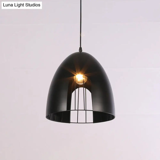 Metallic Bell Ceiling Light With Cage Shade - Industrial Pendant In White/Black