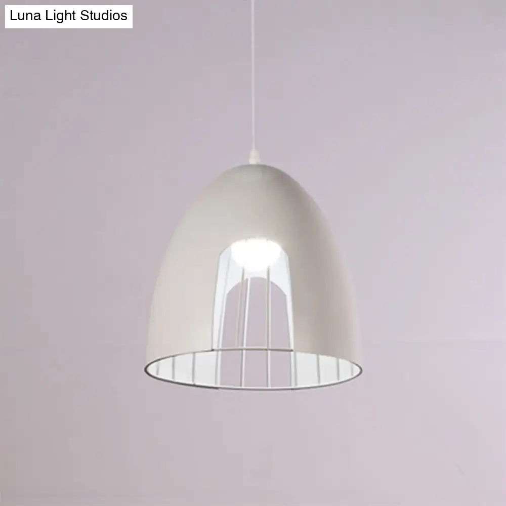 Metallic Bell Ceiling Light With Cage Shade - Industrial Pendant In White/Black