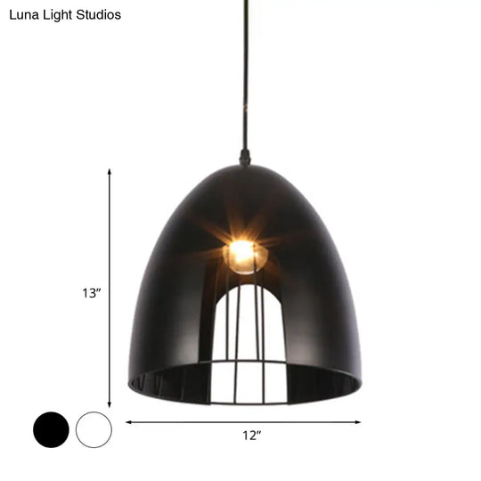 Industrial Cage Shade Pendant Light For Dining Table - Bell Metallic Ceiling Fixture In White/Black