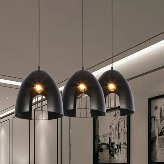 Metallic Bell Ceiling Light With Cage Shade - Industrial Pendant In White/Black Black