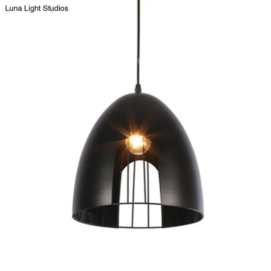 Industrial Cage Shade Pendant Light For Dining Table - Bell Metallic Ceiling Fixture In White/Black