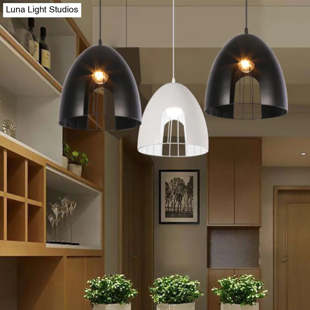 Metallic Bell Ceiling Light With Cage Shade - Industrial Pendant In White/Black