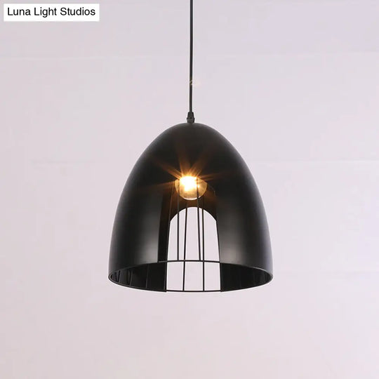 Industrial Cage Shade Pendant Light For Dining Table - Bell Metallic Ceiling Fixture In White/Black