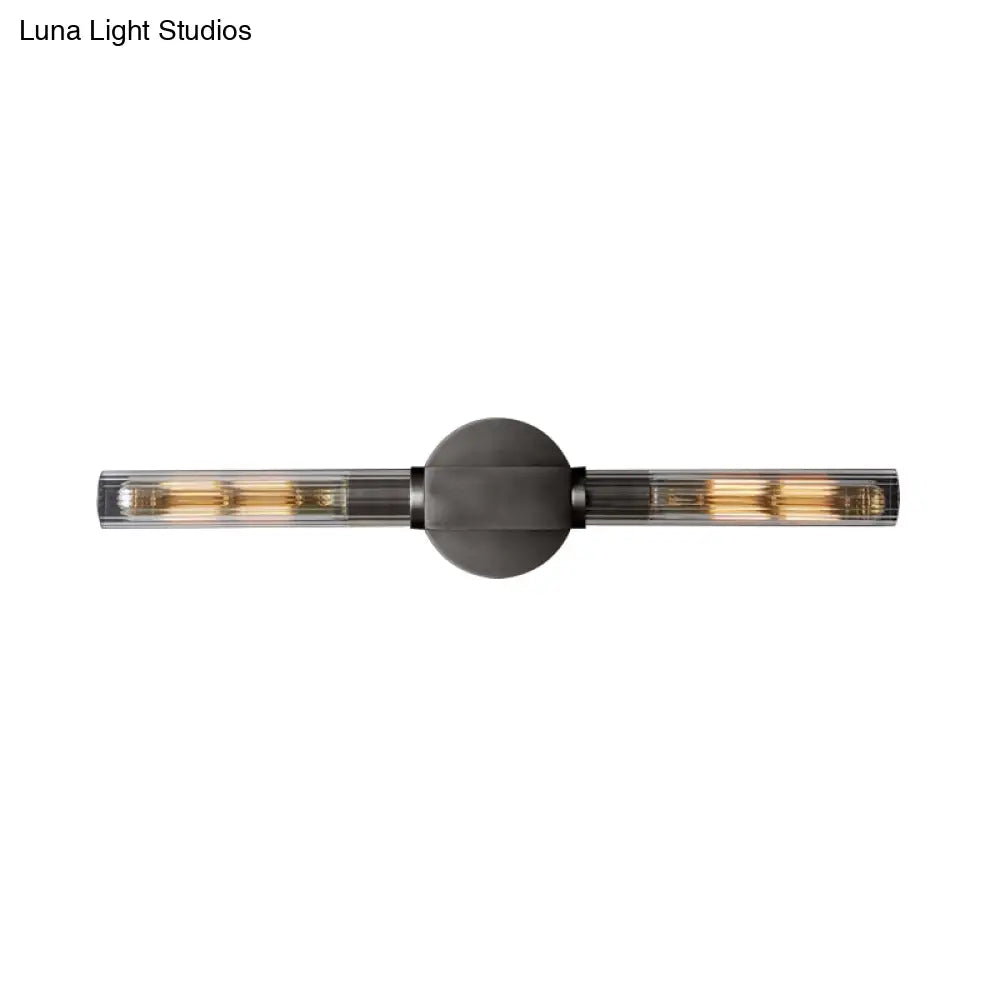 Metallic Black/Brass Tubular Sconce With Clear Glass Shade - Retro Style Wall Lamp (2-Head)