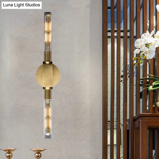 Metallic Black/Brass Tubular Sconce With Clear Glass Shade - Retro Style Wall Lamp (2-Head)