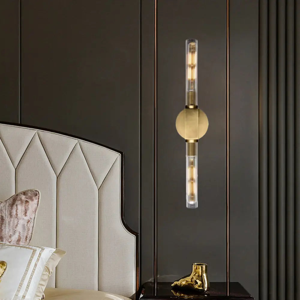 Metallic Black/Brass Tubular Sconce With Clear Glass Shade - Retro Style Wall Lamp (2-Head) Brass