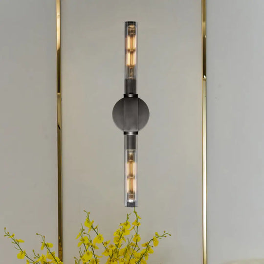 Metallic Black/Brass Tubular Sconce With Clear Glass Shade - Retro Style Wall Lamp (2-Head) Black