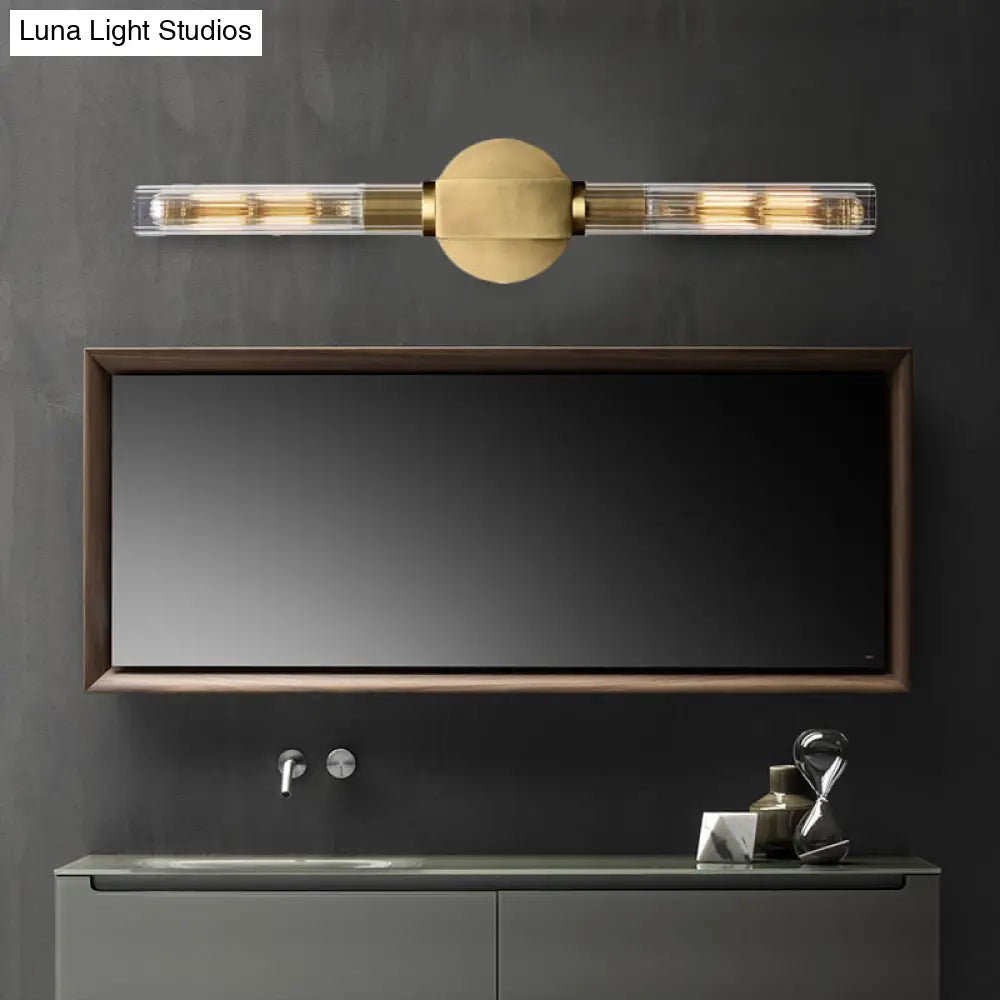 Metallic Black/Brass Tubular Sconce With Clear Glass Shade - Retro Style Wall Lamp (2-Head)