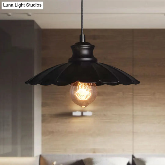 Metallic Black Pendant Lamp With Scalloped Shade - Retro Style Ceiling Light For Kitchen